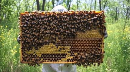 20.A beekeeper in a white protective suit carefully holding up a honeycomb frame filled with bees, golden honey glistening in the sunlight, with green trees and wildflowers in the background of a