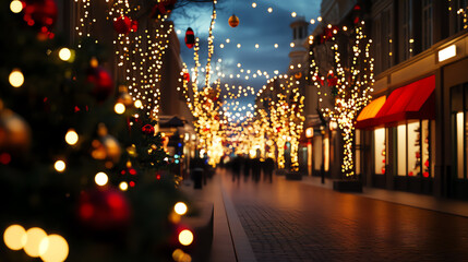 Festive evening street adorned with Christmas lights and decorations, creating a joyful atmosphere.