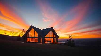 Obraz premium Modern mountain home with expansive windows overlooking a vibrant sunset