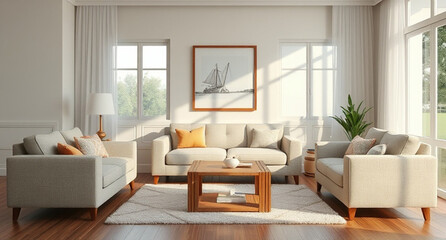 Fototapeta premium interior with sofa and wooden coffee table - 3d rendered illustration