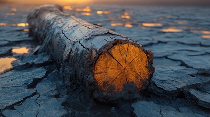 Cracked earth landscape featuring a weathered log and a dirt mound under a glowing sunset sky.