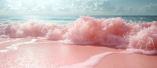 Fototapeta premium Serene beach wave with pink hues rolling onto soft sandy shore under a bright sky showcasing tranquil coastal beauty.