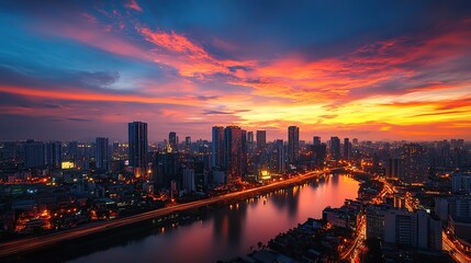 Obraz premium Vibrant sunset over a city skyline with a reflective river and illuminated buildings.
