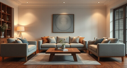Fototapeta premium interior with sofa and wooden coffee table - 3d rendered illustration
