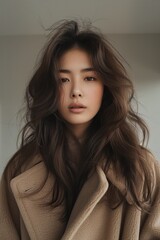 A beautiful Korean woman wearing a long coat and her hair is fluffy and naturally hanging down in front of her.