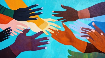An evocative portrayal of cultural understanding with a mural depicting hands of various skin tones reaching out to each other, symbolizing cross-cultural support and empathy, minimalist composition