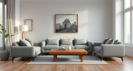 interior with sofa and wooden coffee table - 3d rendered illustration