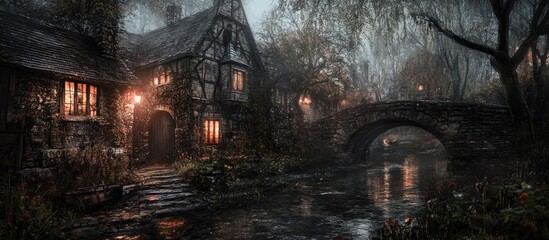 Medieval city scene featuring a stone bridge over a tranquil trench with illuminated cottage and misty atmosphere