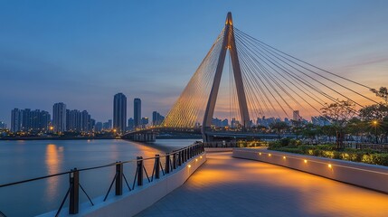 Fototapeta premium A beautifully lit suspension bridge at dusk, reflecting in the calm waters.