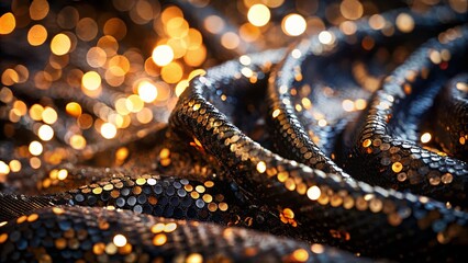 Close-Up Double Exposure of Black Sequins on Fabric Highlighting Texture and Shine with Soft Bokeh Background for Fashion and Textile Photography