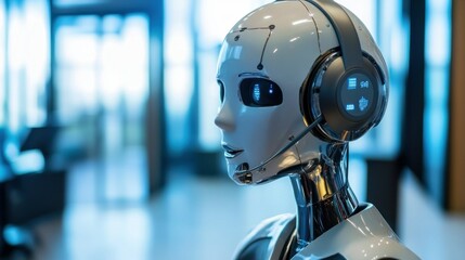A white humanoid robot wearing a headset and looking to the right, with a blurred office environment in the background.