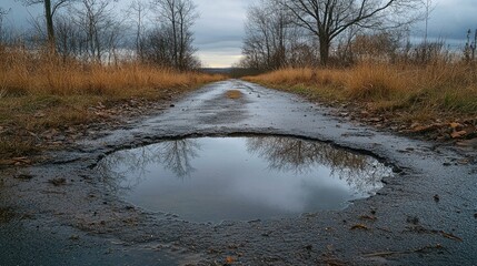 Fototapeta premium Large pothole on a deserted road surrounded by barren trees and gloomy skies reflecting in still water on the surface.