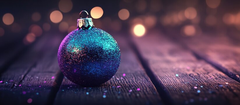 Blue and violet glittering Christmas ornament on rustic wooden surface with bokeh lights in the background creating a festive atmosphere - Powered by Adobe