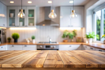 Fototapeta premium Empty wooden table in front of blurred modern kitchen. (1)