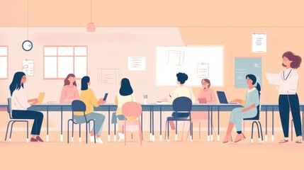 An evocative portrayal of gender inclusivity in education with a classroom scene where students and teachers of different genders engage in collaborative projects