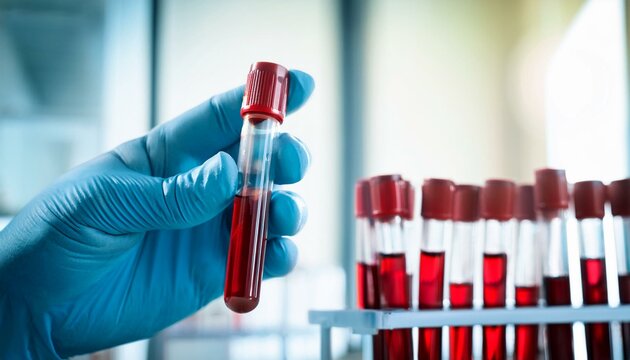 Blood Test Analysis: A gloved hand carefully holds a blood sample tube, with a rack of additional tubes in the background, highlighting the precision and detail of medical diagnostics.