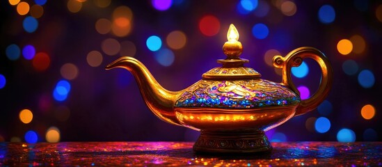 Magical Aladdin lamp with intricate design illuminated on a table with a colorful bokeh background creating a whimsical atmosphere