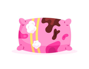 illustration of a pillow that is in a dirty, torn, and ugly condition. pink pillow that is damaged and has foam coming out. objects and conditions. bed equipment. flat style design. elements