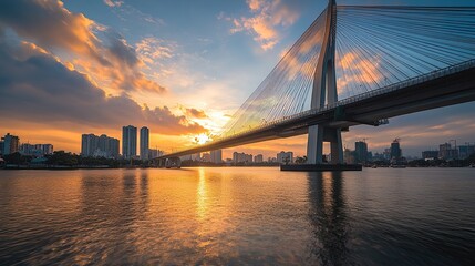Obraz premium Sunset view of a bridge over water, highlighting urban architecture and nature.