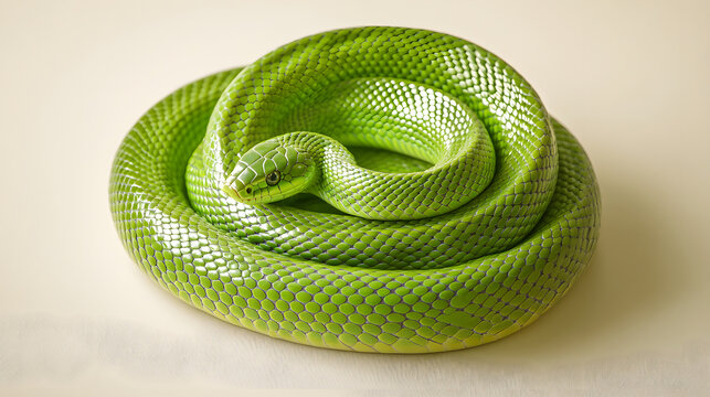 A vibrant green tree python coiled elegantly on a light surface.