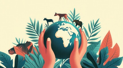 Illustration promoting biodiversity conservation and protecting endangered species with hands holding globe, leaves, and animals. 