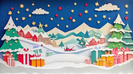 A paper cutout of a Christmas scene with a man in a sleigh