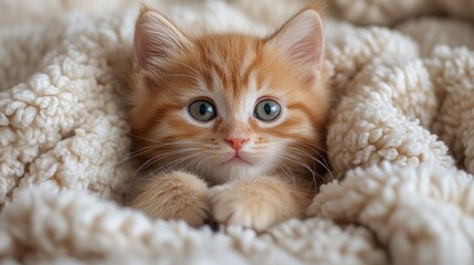 Cute fluffy orange kitten peeking out from cozy blanket with big expressive eyes and a soft fur texture in warm natural lighting.