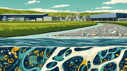 Polluted river with factories contrasted with clean river teeming with wildlife emphasizes need for environmental regulations. 