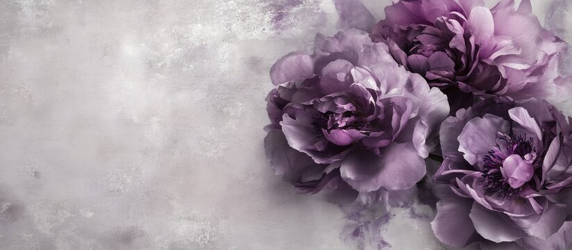Elegant purple peonies on textured concrete background ideal for congratulatory messages and floral-themed designs.