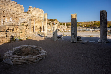 Rows of columns in Perge, Antalya, Turkey. Remains of colonnaded street in Pamphylian ancient city.