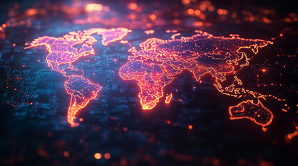 Fototapeta premium glowing circuit pattern forms a world map shape against a blurred background, symbolizing global connectivity, digital transformation, and the fusion of technology with geographical boundaries