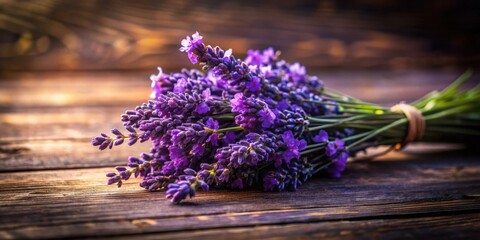 Fototapeta premium A bouquet of purple lavender flowers with delicate petals resting on a rustic wooden surface, bathed in soft natural light.