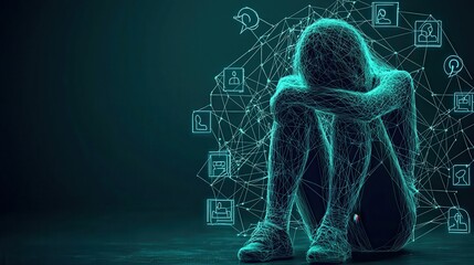 Lonely youth engulfed by social media icons, illustrating cyberbullying's impact on mental health and self-esteem. 