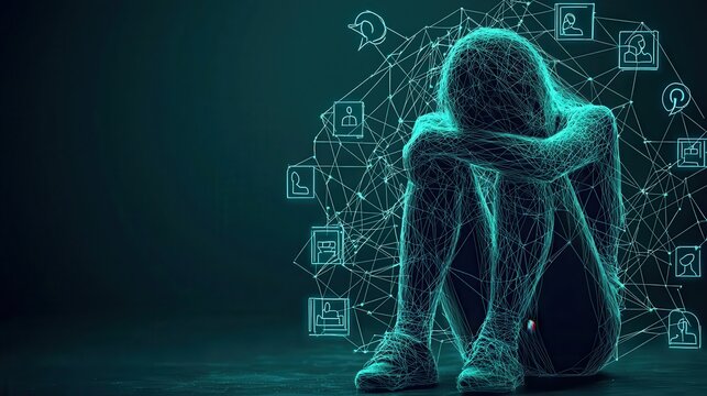 Lonely youth engulfed by social media icons, illustrating cyberbullying's impact on mental health and self-esteem. 