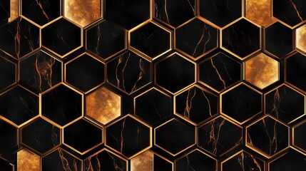 Obraz premium 66.A seamless vector illustration of hexagons on a black background, with perfect symmetry and subtle shadows that give the geometric design a polished, three-dimensional appearance.