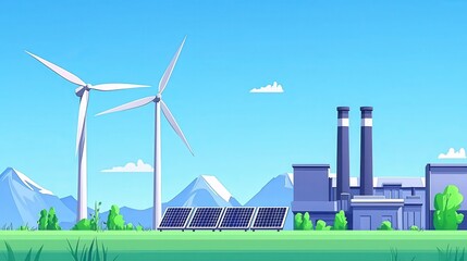 Visual representation of renewable energy sources vs. fossil fuel power plants, highlighting the shift towards sustainability. 