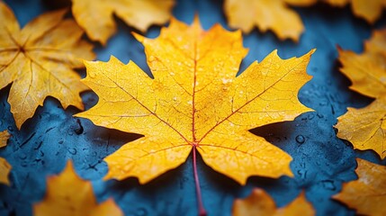 Vibrant yellow maple leaf on a textured surface surrounded by autumn leaves with raindrops enhancing its natural beauty and color richness