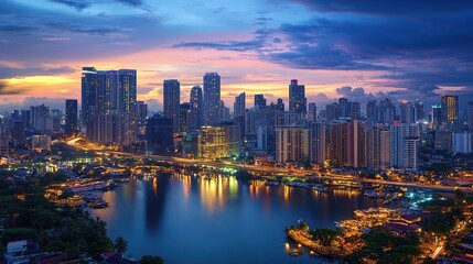 Fototapeta premium A vibrant city skyline at dusk, reflecting lights on a river.