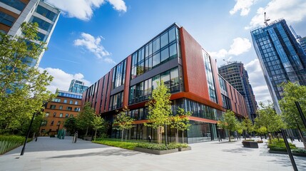 Modern building surrounded by greenery and urban landscape under a blue sky.