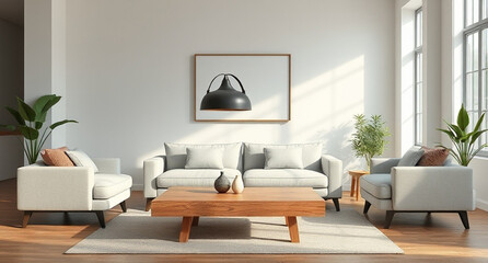 Fototapeta premium interior with sofa and wooden coffee table - 3d rendered illustration