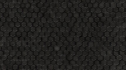 63.A sophisticated black background with a seamless grid of uniform hexagons, forming a sleek and modern design. The monochromatic palette emphasizes the geometric structure and creates a sense of