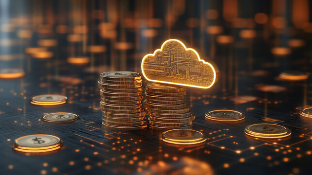 Stacks of gold coins beneath a glowing cloud icon represent cloud computing and financial technology. The image conveys modern digital savings, online investment, and economic innovation concepts