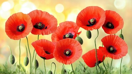 Obraz premium Vibrant red poppy flowers blossoming in a sunlit field during golden hour showcasing nature's beauty and tranquility