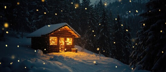 Fototapeta premium Cozy decorated cabin in winter snow showcasing festive lights and a warm glow for the Christmas holiday celebration