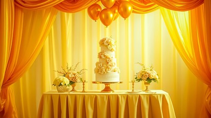 Elegant Four-Tiered Wedding Cake Display with Golden Accents and Floral Arrangements