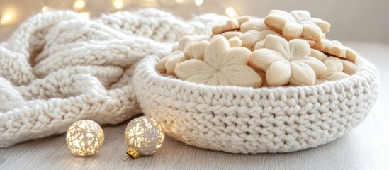 Delightful Christmas shortbread cookies in a cozy knitted basket with festive decorations and a blanket for a warm holiday atmosphere