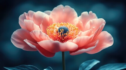 Vibrant Peony Flower in Soft Focus Capturing Detailed Petal Structure Stigmas Anthers and Filaments in a Lush Garden Setting