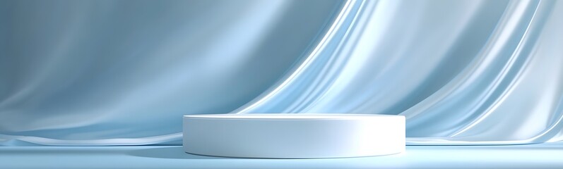 Fototapeta premium Glossy white podium with soft shadows, placed against a soft baby blue backdrop, providing a large area for product showcasing.