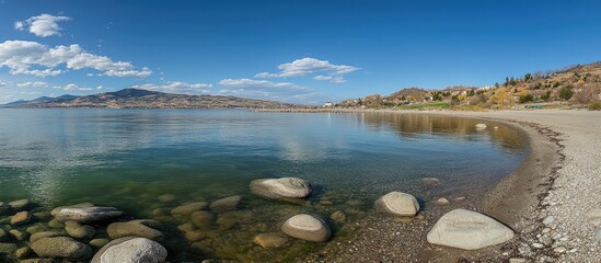 Tranquil beach scene with greenish waters smooth pebbles and a sandy shoreline under a clear blue sky and distant hills.