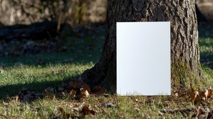 Blank white sign board against a tree with natural shadow and soft background blur ideal for advertising or informational purposes